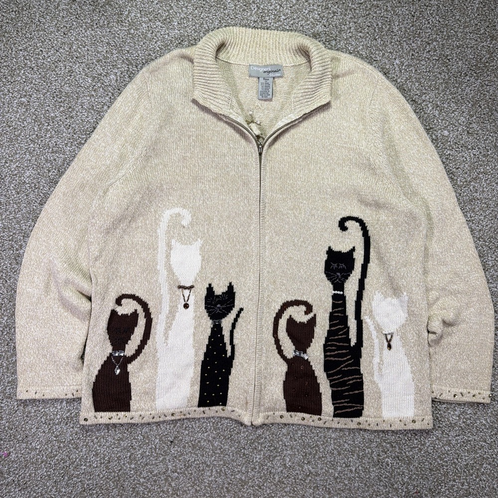 Vintage Cat Knit Sweater ZIPUP Beige Mock Neck Size 2XL Womens Embroidered